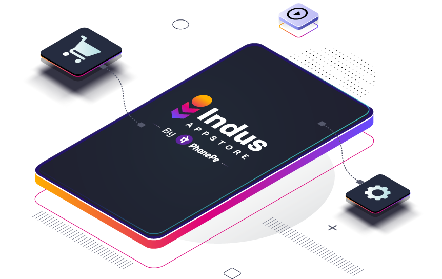 Indus Appstore illustration showing a mobile phone with the Indus Appstore logo, connected to shopping, discovery and settings icons